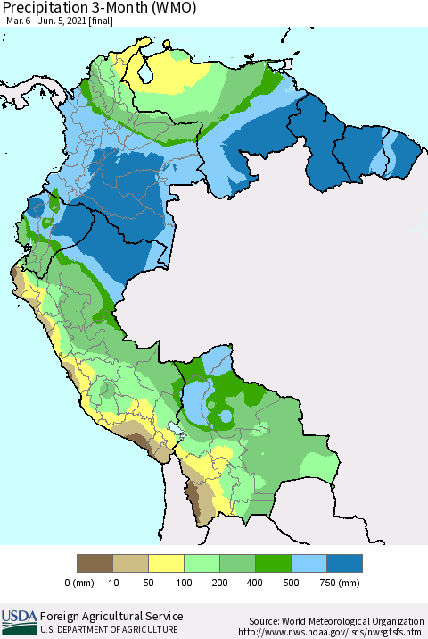 Northern South America Precipitation 3-Month (WMO) Thematic Map For 3/6/2021 - 6/5/2021
