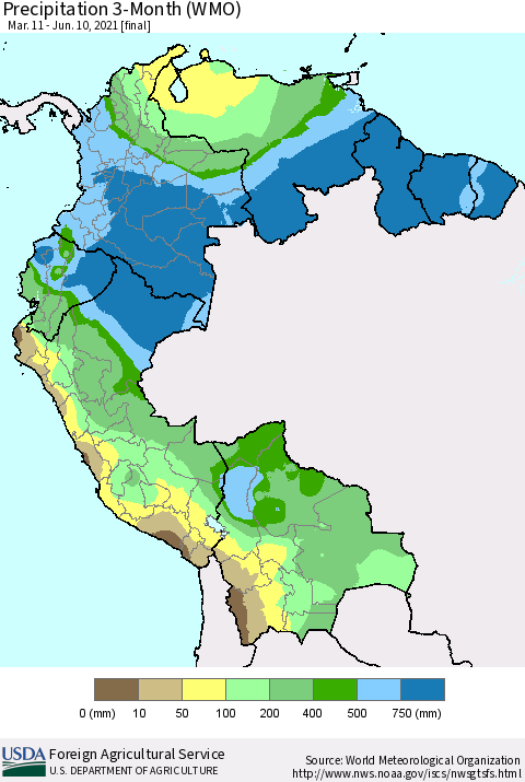 Northern South America Precipitation 3-Month (WMO) Thematic Map For 3/11/2021 - 6/10/2021