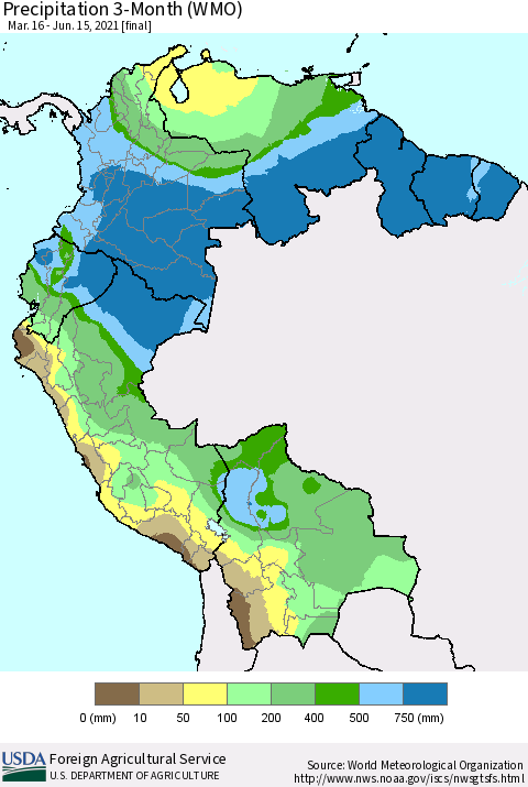 Northern South America Precipitation 3-Month (WMO) Thematic Map For 3/16/2021 - 6/15/2021