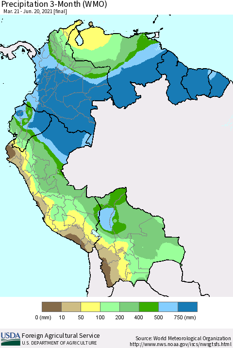 Northern South America Precipitation 3-Month (WMO) Thematic Map For 3/21/2021 - 6/20/2021