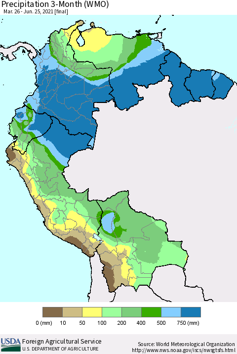 Northern South America Precipitation 3-Month (WMO) Thematic Map For 3/26/2021 - 6/25/2021