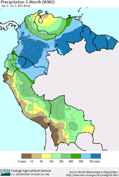 Northern South America Precipitation 3-Month (WMO) Thematic Map For 4/6/2021 - 7/5/2021