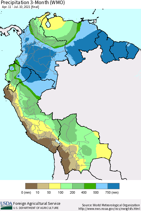 Northern South America Precipitation 3-Month (WMO) Thematic Map For 4/11/2021 - 7/10/2021