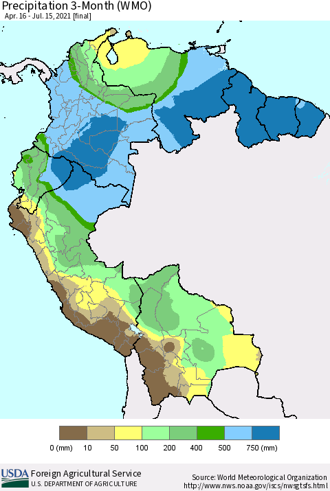 Northern South America Precipitation 3-Month (WMO) Thematic Map For 4/16/2021 - 7/15/2021