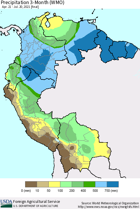 Northern South America Precipitation 3-Month (WMO) Thematic Map For 4/21/2021 - 7/20/2021
