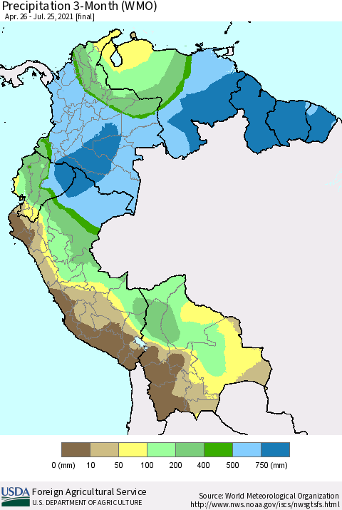 Northern South America Precipitation 3-Month (WMO) Thematic Map For 4/26/2021 - 7/25/2021