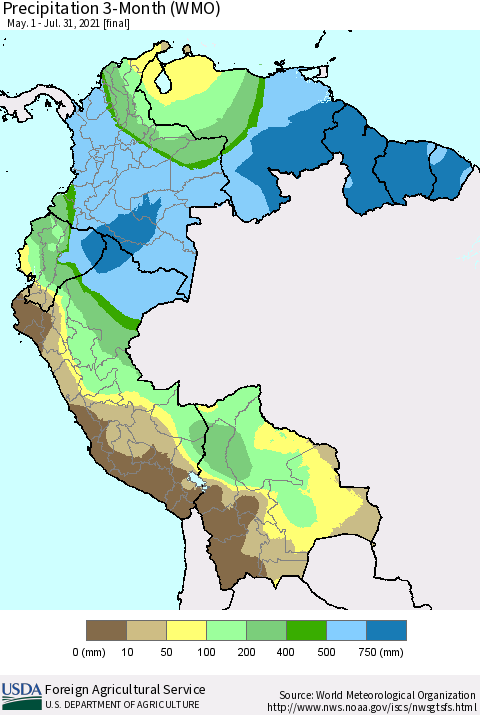 Northern South America Precipitation 3-Month (WMO) Thematic Map For 5/1/2021 - 7/31/2021
