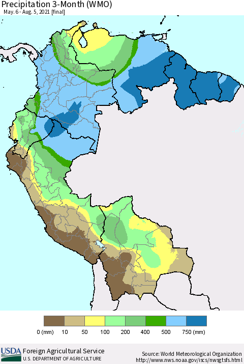 Northern South America Precipitation 3-Month (WMO) Thematic Map For 5/6/2021 - 8/5/2021