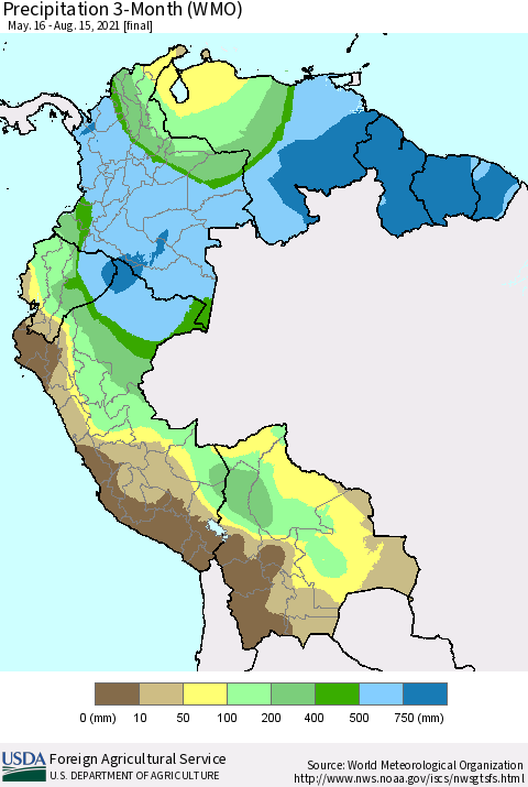 Northern South America Precipitation 3-Month (WMO) Thematic Map For 5/16/2021 - 8/15/2021