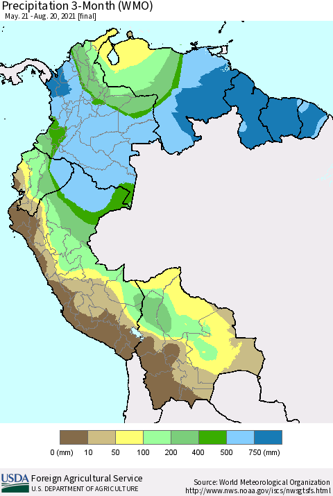 Northern South America Precipitation 3-Month (WMO) Thematic Map For 5/21/2021 - 8/20/2021