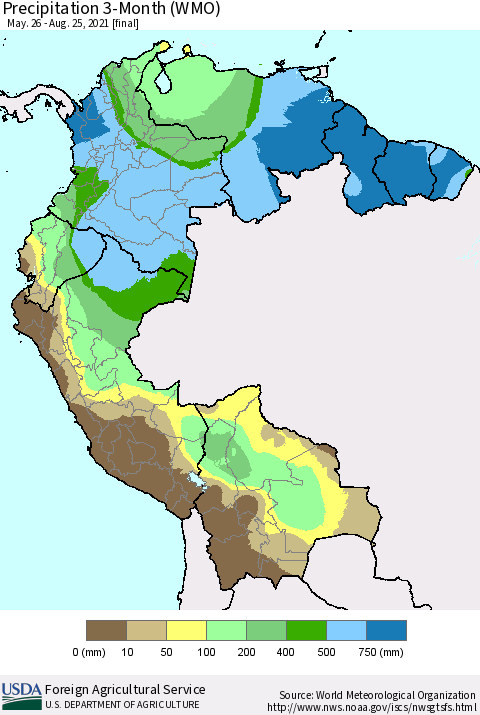 Northern South America Precipitation 3-Month (WMO) Thematic Map For 5/26/2021 - 8/25/2021