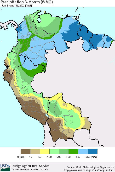 Northern South America Precipitation 3-Month (WMO) Thematic Map For 6/1/2021 - 8/31/2021