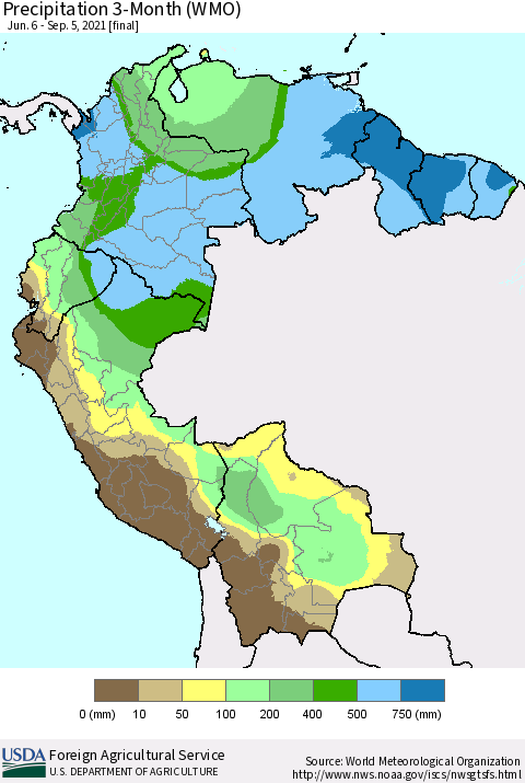 Northern South America Precipitation 3-Month (WMO) Thematic Map For 6/6/2021 - 9/5/2021