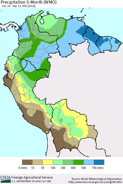 Northern South America Precipitation 3-Month (WMO) Thematic Map For 6/16/2021 - 9/15/2021