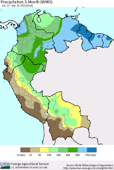 Northern South America Precipitation 3-Month (WMO) Thematic Map For 6/21/2021 - 9/20/2021