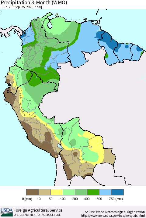 Northern South America Precipitation 3-Month (WMO) Thematic Map For 6/26/2021 - 9/25/2021