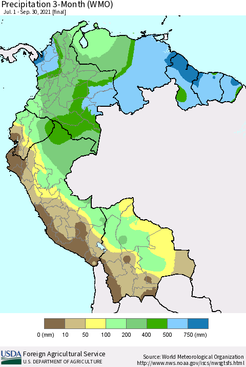 Northern South America Precipitation 3-Month (WMO) Thematic Map For 7/1/2021 - 9/30/2021