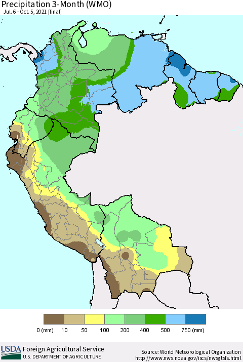Northern South America Precipitation 3-Month (WMO) Thematic Map For 7/6/2021 - 10/5/2021