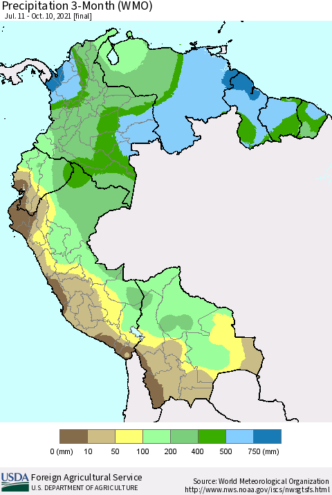 Northern South America Precipitation 3-Month (WMO) Thematic Map For 7/11/2021 - 10/10/2021