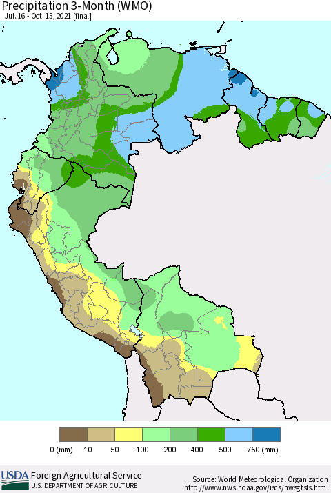 Northern South America Precipitation 3-Month (WMO) Thematic Map For 7/16/2021 - 10/15/2021