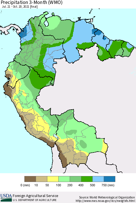 Northern South America Precipitation 3-Month (WMO) Thematic Map For 7/21/2021 - 10/20/2021