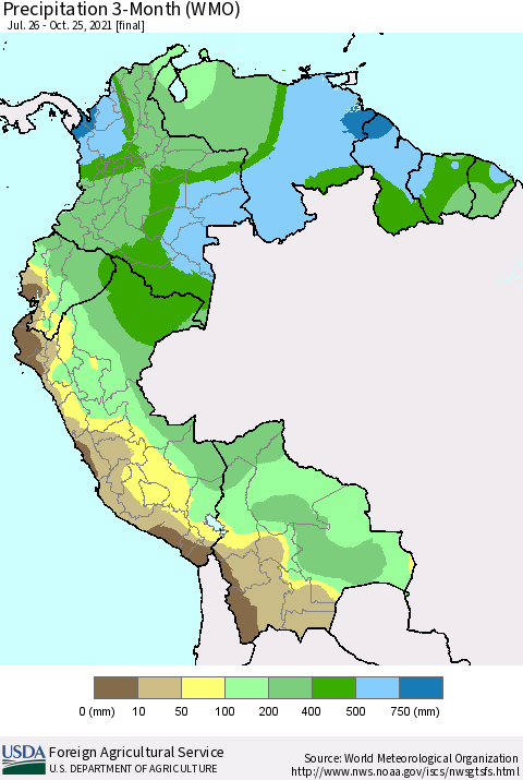 Northern South America Precipitation 3-Month (WMO) Thematic Map For 7/26/2021 - 10/25/2021
