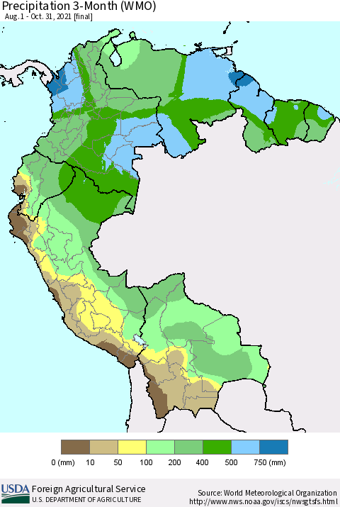 Northern South America Precipitation 3-Month (WMO) Thematic Map For 8/1/2021 - 10/31/2021