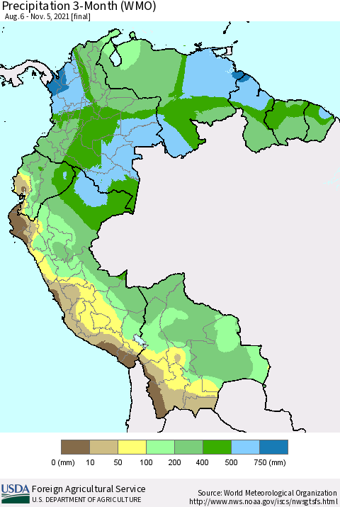Northern South America Precipitation 3-Month (WMO) Thematic Map For 8/6/2021 - 11/5/2021