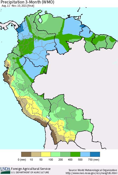 Northern South America Precipitation 3-Month (WMO) Thematic Map For 8/11/2021 - 11/10/2021