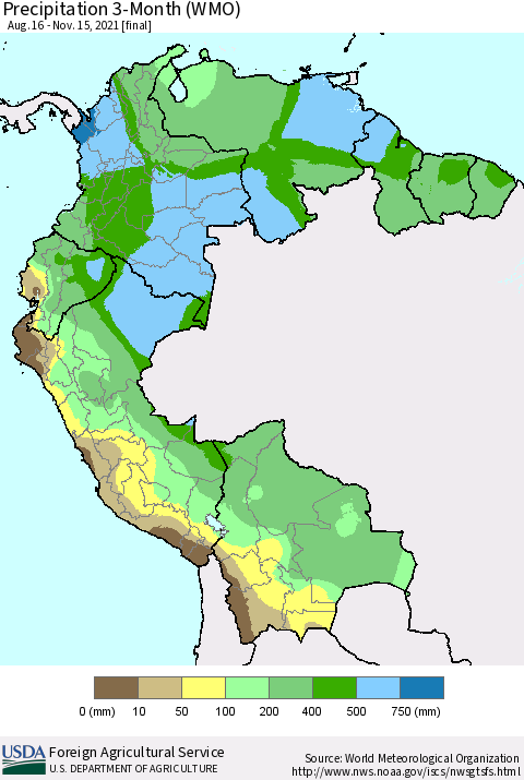 Northern South America Precipitation 3-Month (WMO) Thematic Map For 8/16/2021 - 11/15/2021