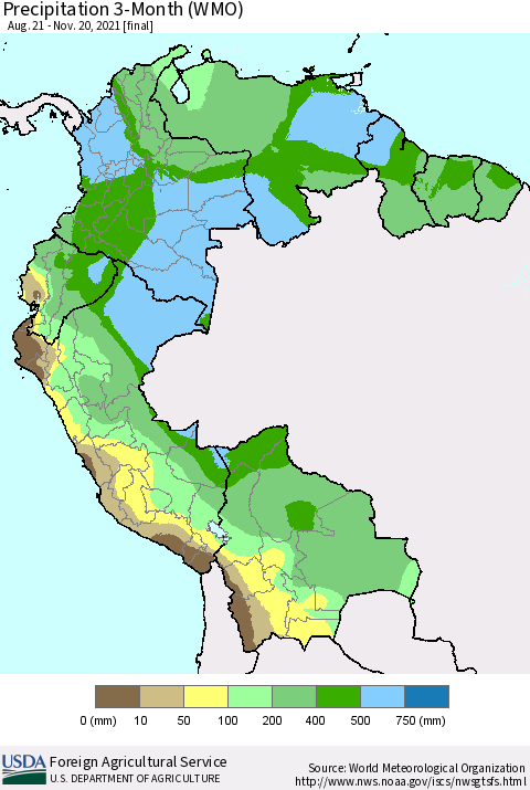 Northern South America Precipitation 3-Month (WMO) Thematic Map For 8/21/2021 - 11/20/2021