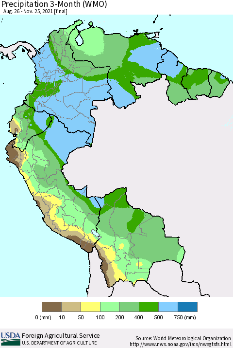 Northern South America Precipitation 3-Month (WMO) Thematic Map For 8/26/2021 - 11/25/2021