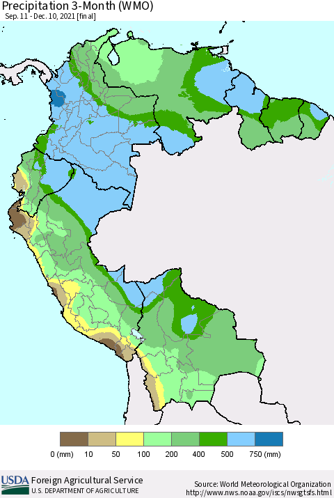 Northern South America Precipitation 3-Month (WMO) Thematic Map For 9/11/2021 - 12/10/2021