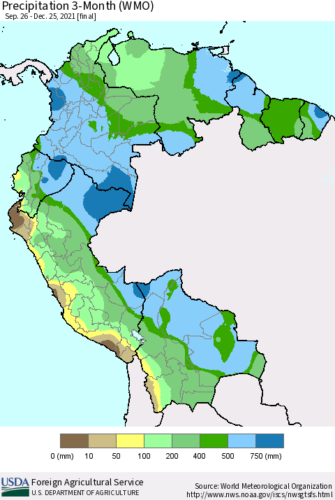 Northern South America Precipitation 3-Month (WMO) Thematic Map For 9/26/2021 - 12/25/2021