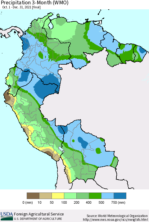 Northern South America Precipitation 3-Month (WMO) Thematic Map For 10/1/2021 - 12/31/2021