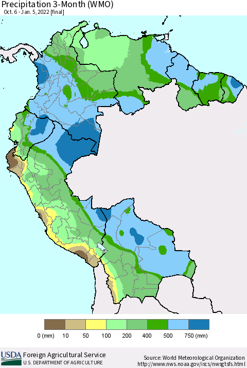 Northern South America Precipitation 3-Month (WMO) Thematic Map For 10/6/2021 - 1/5/2022