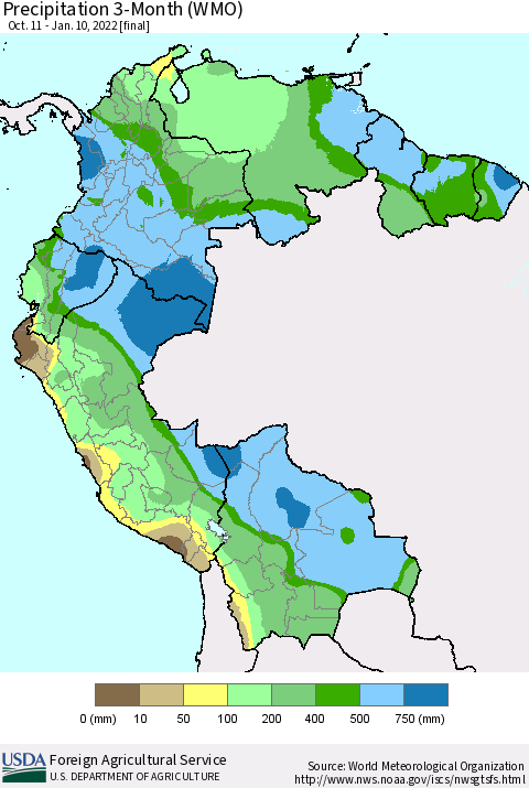 Northern South America Precipitation 3-Month (WMO) Thematic Map For 10/11/2021 - 1/10/2022