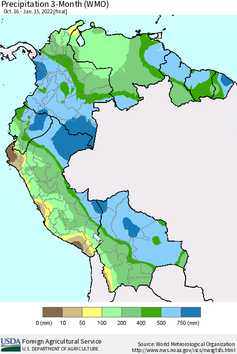 Northern South America Precipitation 3-Month (WMO) Thematic Map For 10/16/2021 - 1/15/2022