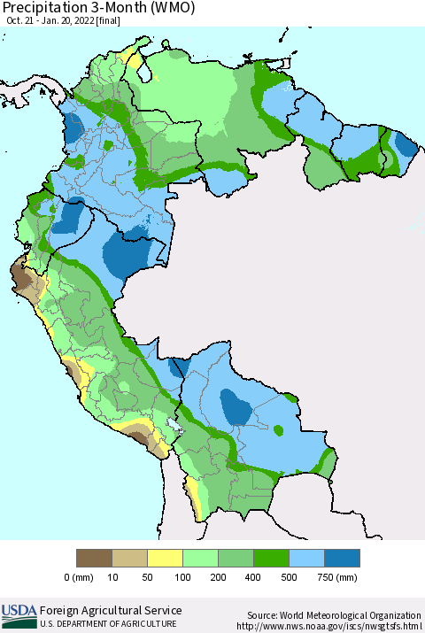 Northern South America Precipitation 3-Month (WMO) Thematic Map For 10/21/2021 - 1/20/2022