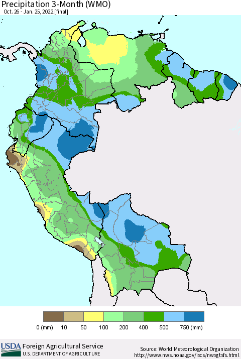 Northern South America Precipitation 3-Month (WMO) Thematic Map For 10/26/2021 - 1/25/2022