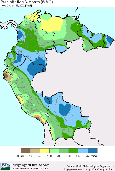 Northern South America Precipitation 3-Month (WMO) Thematic Map For 11/1/2021 - 1/31/2022