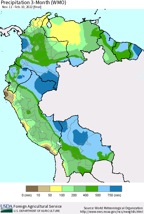 Northern South America Precipitation 3-Month (WMO) Thematic Map For 11/11/2021 - 2/10/2022
