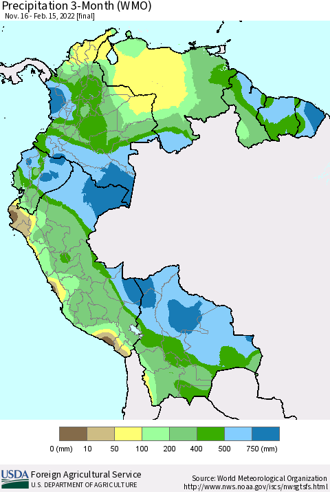 Northern South America Precipitation 3-Month (WMO) Thematic Map For 11/16/2021 - 2/15/2022