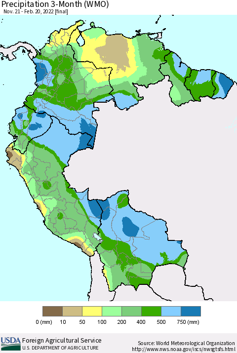 Northern South America Precipitation 3-Month (WMO) Thematic Map For 11/21/2021 - 2/20/2022