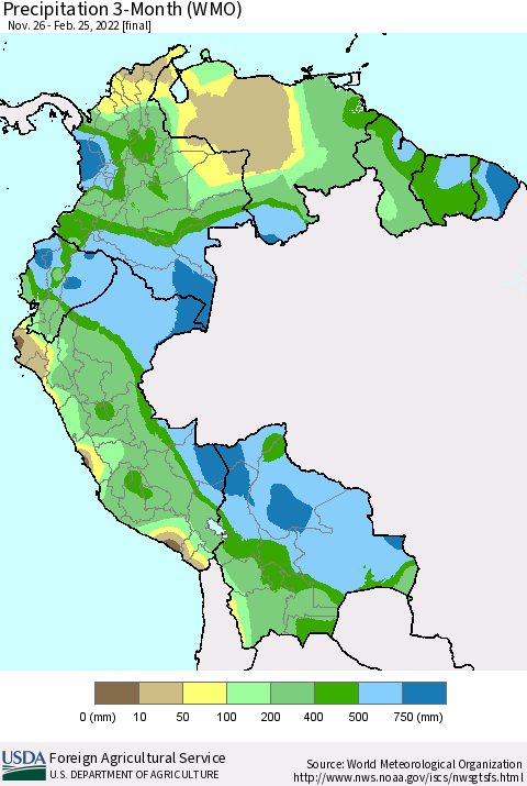 Northern South America Precipitation 3-Month (WMO) Thematic Map For 11/26/2021 - 2/25/2022