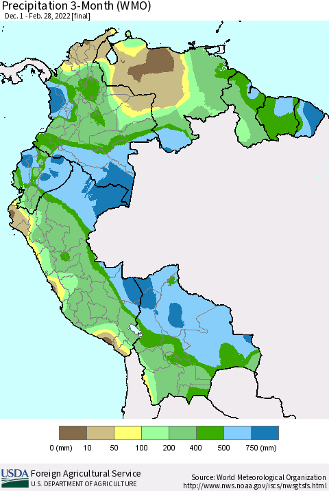 Northern South America Precipitation 3-Month (WMO) Thematic Map For 12/1/2021 - 2/28/2022