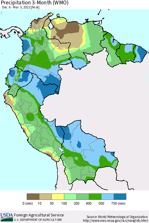 Northern South America Precipitation 3-Month (WMO) Thematic Map For 12/6/2021 - 3/5/2022