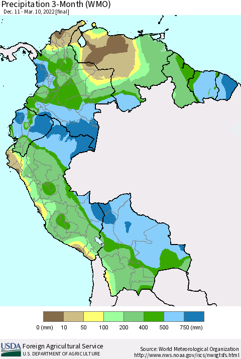 Northern South America Precipitation 3-Month (WMO) Thematic Map For 12/11/2021 - 3/10/2022