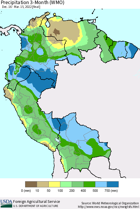 Northern South America Precipitation 3-Month (WMO) Thematic Map For 12/16/2021 - 3/15/2022