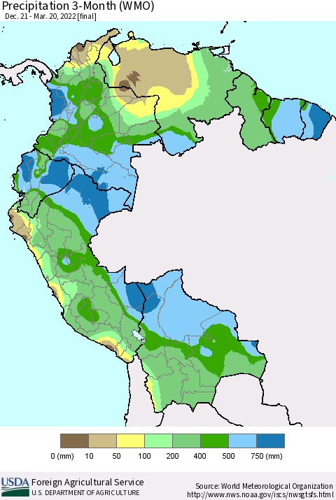 Northern South America Precipitation 3-Month (WMO) Thematic Map For 12/21/2021 - 3/20/2022